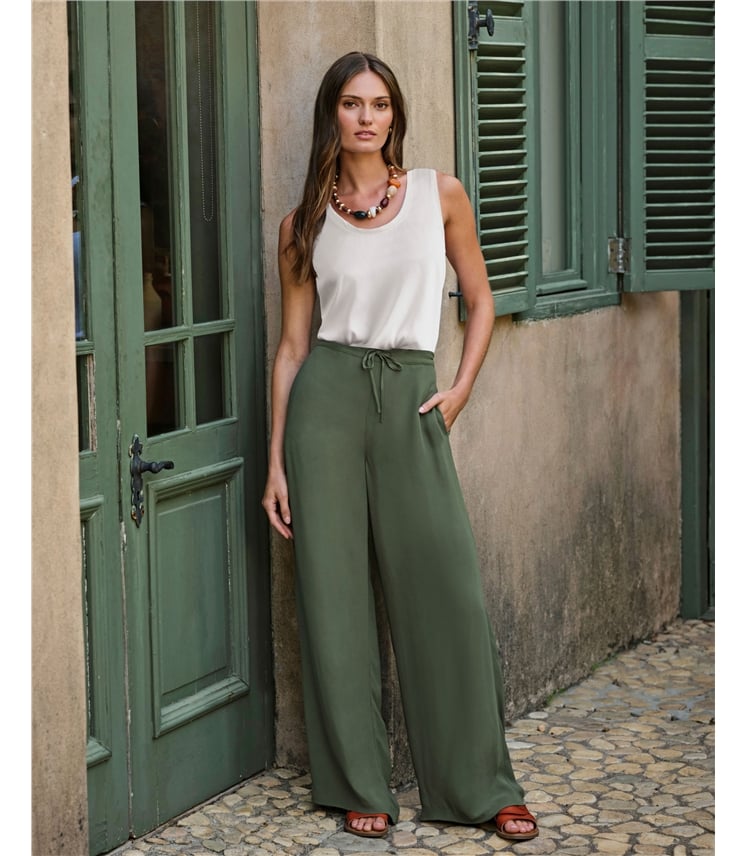 Tie Waist Elastic Back Wide Leg Trouser